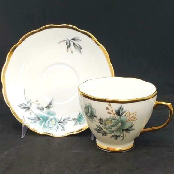Delphine Vintage Teal Floral Gold Gilding China 9020 Cup & Saucer Set - Picture 1 of 10